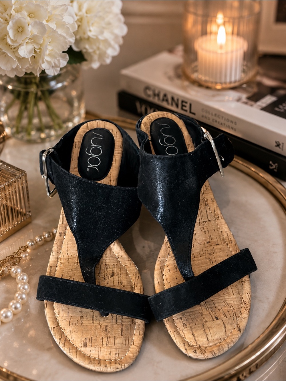 Sugar Black Cork-Effect Thong Sandals with Ankle Buckle
